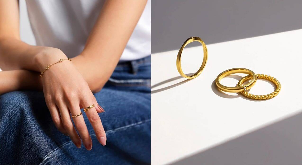 Elegant gold jewelry collection with rings and bangles.