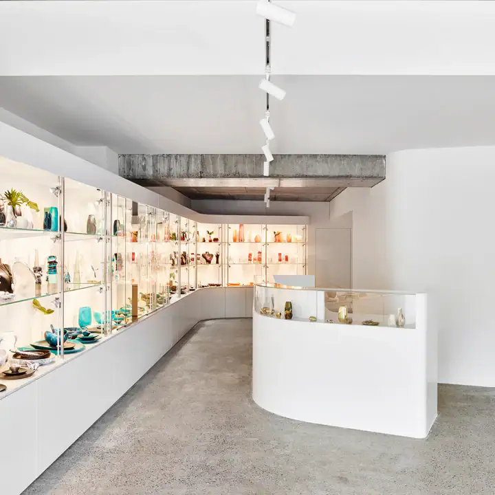 Modern jewellery display cabinet showcasing unique handcrafted pieces.