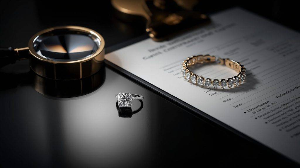 Luxurious diamond ring and bracelet with magnifying glass on black background.