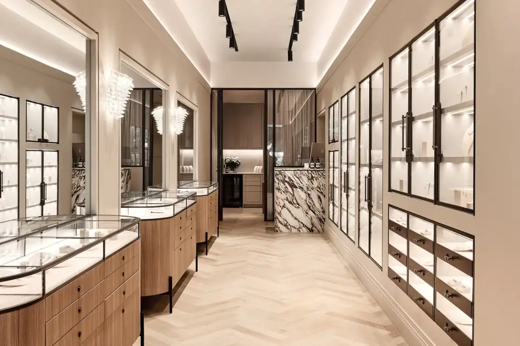 Luxurious jewellery store interior with glass display cases, marble accents, and modern lighting in Sydney.