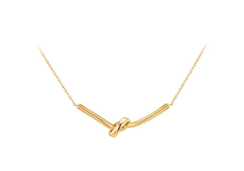 Gold chain necklace featuring a modern, twisted knot design for stylish wear. Perfect for special occasions or everyday elegance.