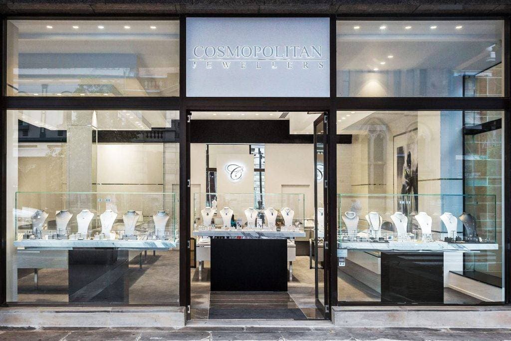 Stunning jewellery storefront showcasing elegant necklaces and fine accessories in a modern retail space.